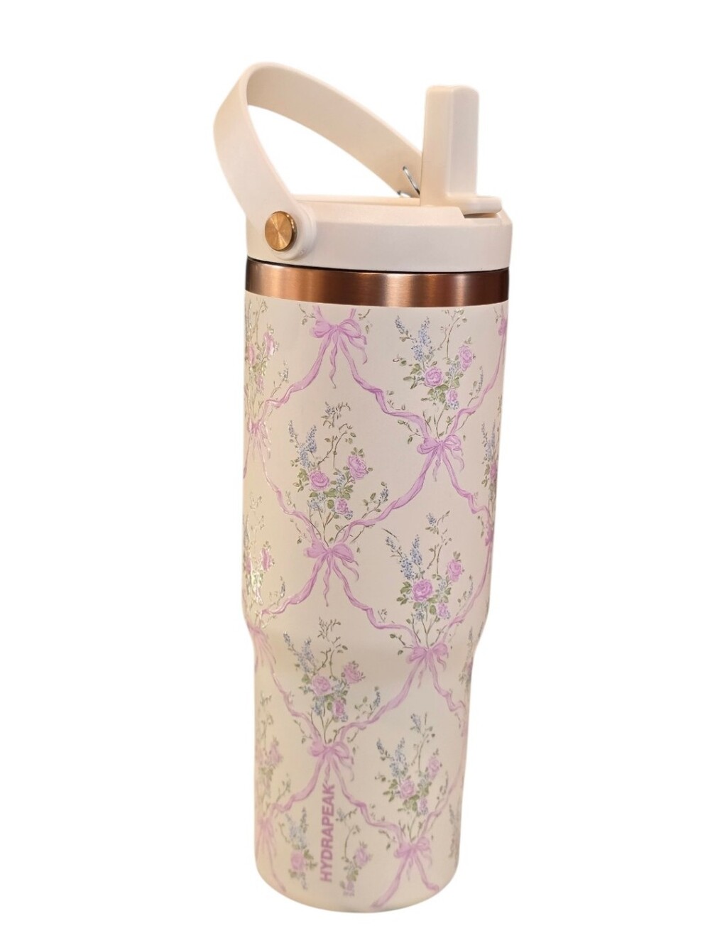 HydraPeak Artisian Collection Ivory Pink Floral Bow Stainless Steel Tumbler 32oz